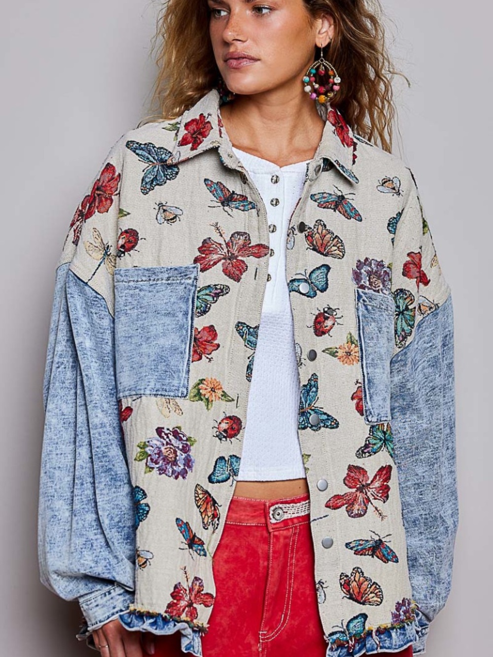 POL Butterfly Print Tapestry Mixed Material Button Down Jacket Shacket